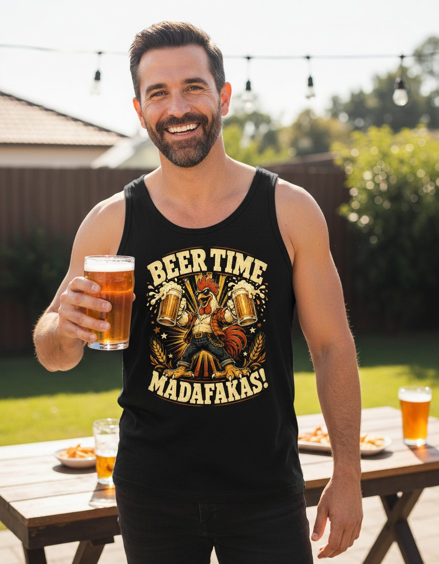 Beer Time Madafakas Funny Rooster Tank Top - lifestyle model mockup - Black