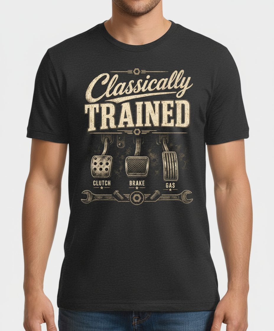 Classically Trained Retro Manual Transmission T-Shirt - product mockup - Dark Heather