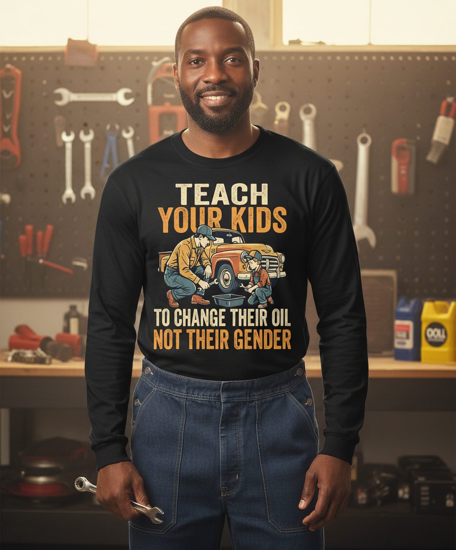 Teach Your Kids to Change Their Oil Not Their Gender father and son car repair Long Sleeve Tee Black lifestyle mockup