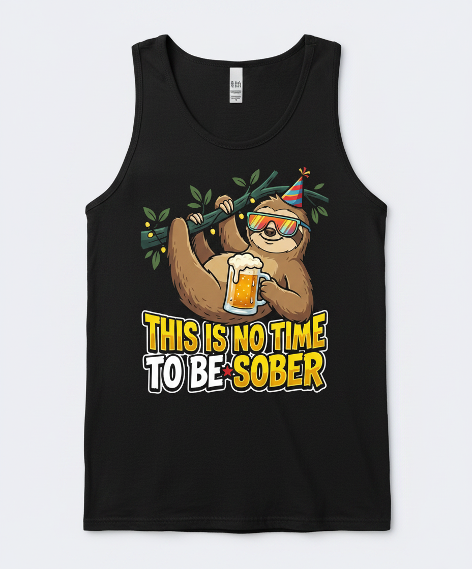 Funny Party Sloth Drinking Beer This Is No Time To Be Sober Tank Top - Black