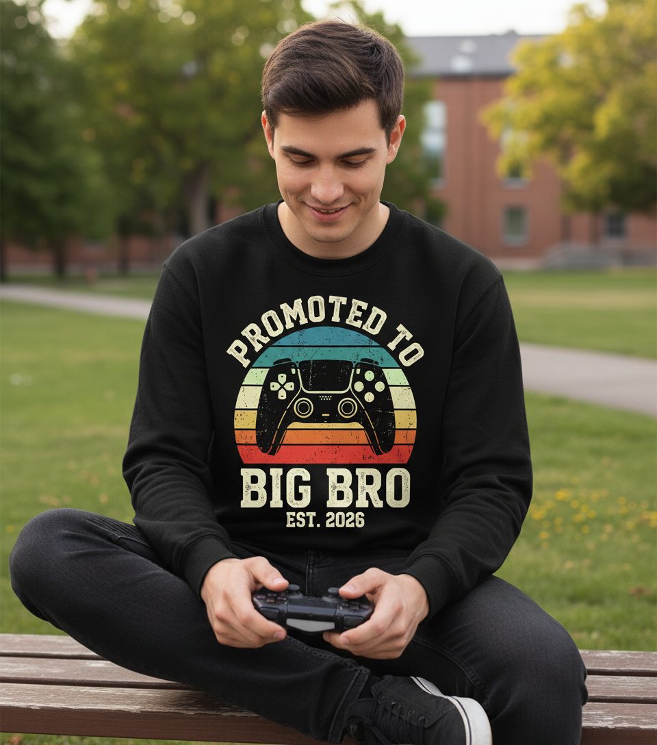 Promoted TO BIG BRO EST 2026 Retro Gaming Sweatshirt - lifestyle model mockup - Black