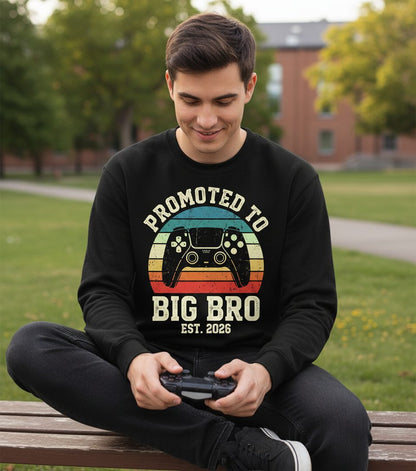 Promoted TO BIG BRO EST 2026 Retro Gaming Sweatshirt - lifestyle model mockup - Black
