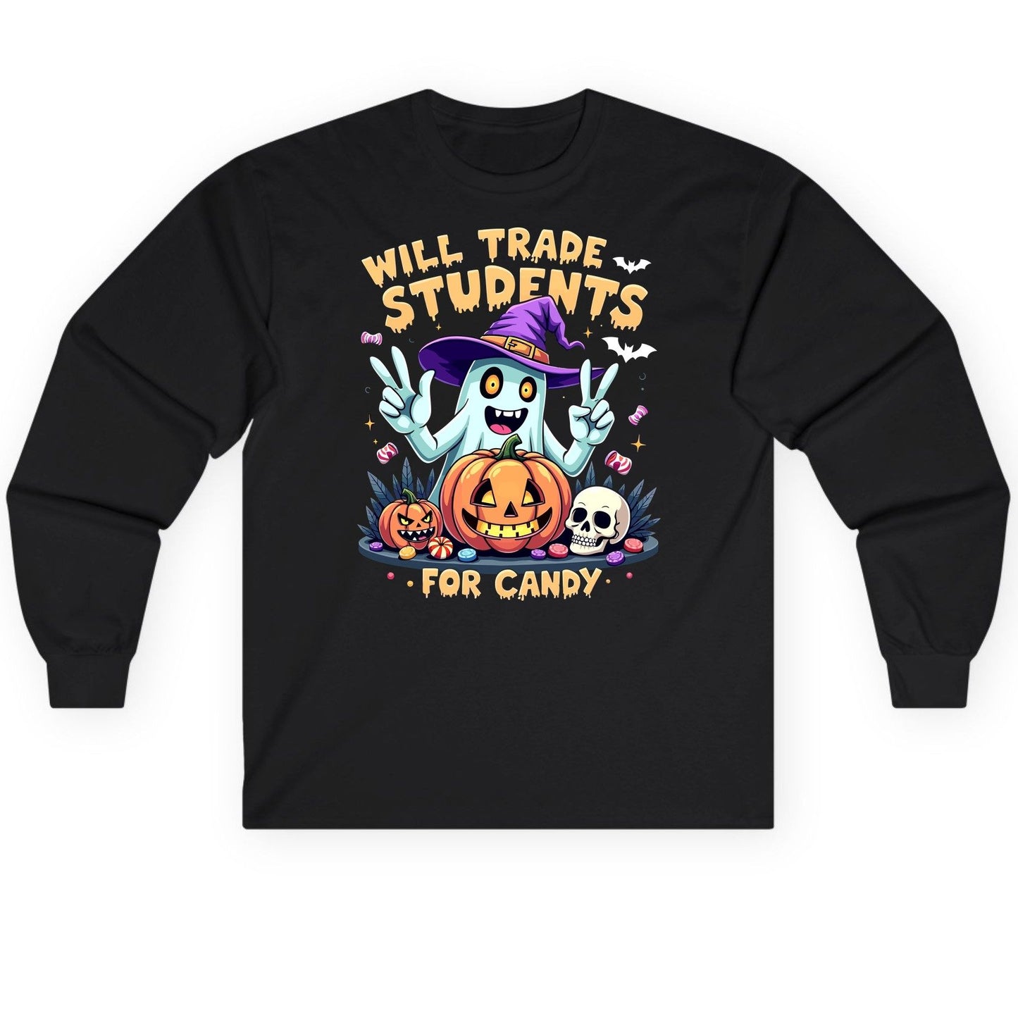 Will Trade Students for Candy teacher humor Long Sleeve Tee Black product mockup