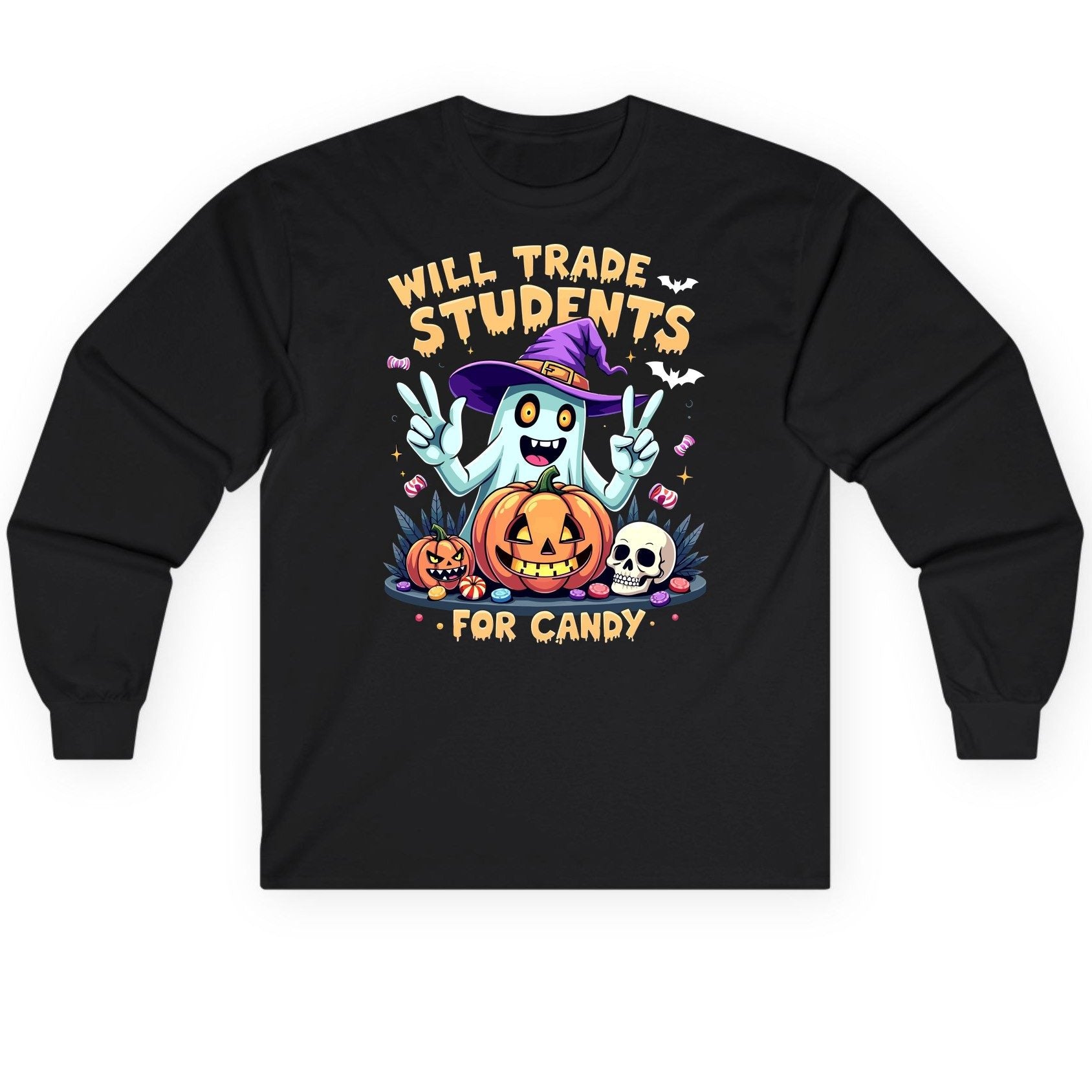 Will Trade Students for Candy teacher humor Long Sleeve Tee Black product mockup
