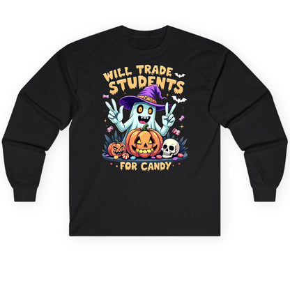 Will Trade Students for Candy teacher humor Long Sleeve Tee Black product mockup