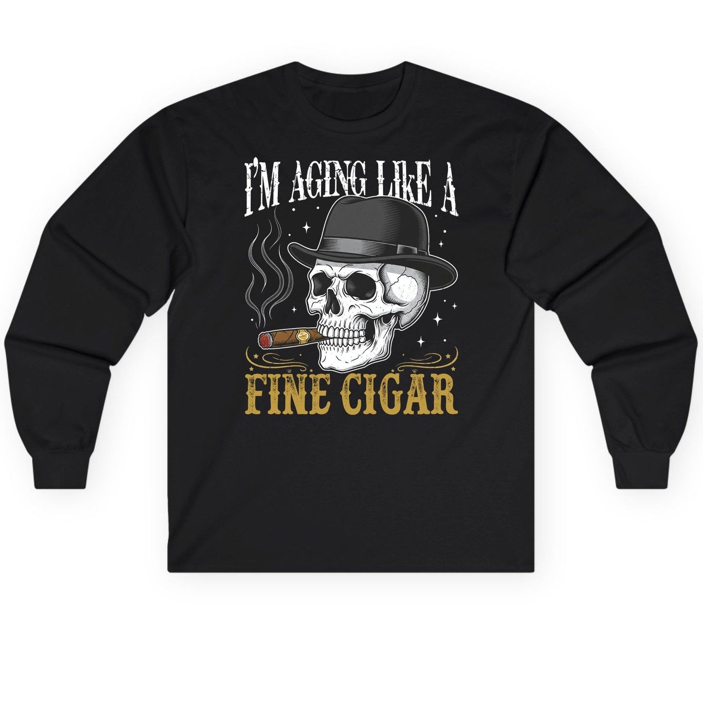I'm Aging Like a Fine Cigar smoking skull Long Sleeve Tee Black product mockup