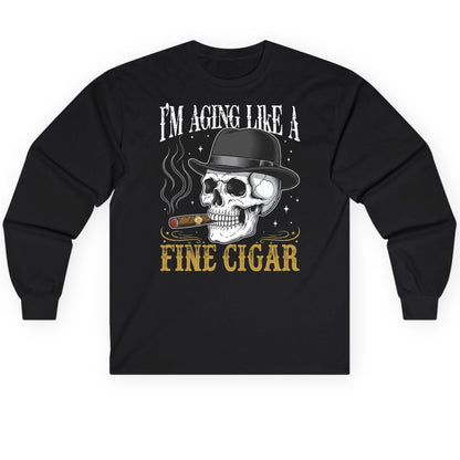 I'm Aging Like a Fine Cigar smoking skull Long Sleeve Tee Black product mockup