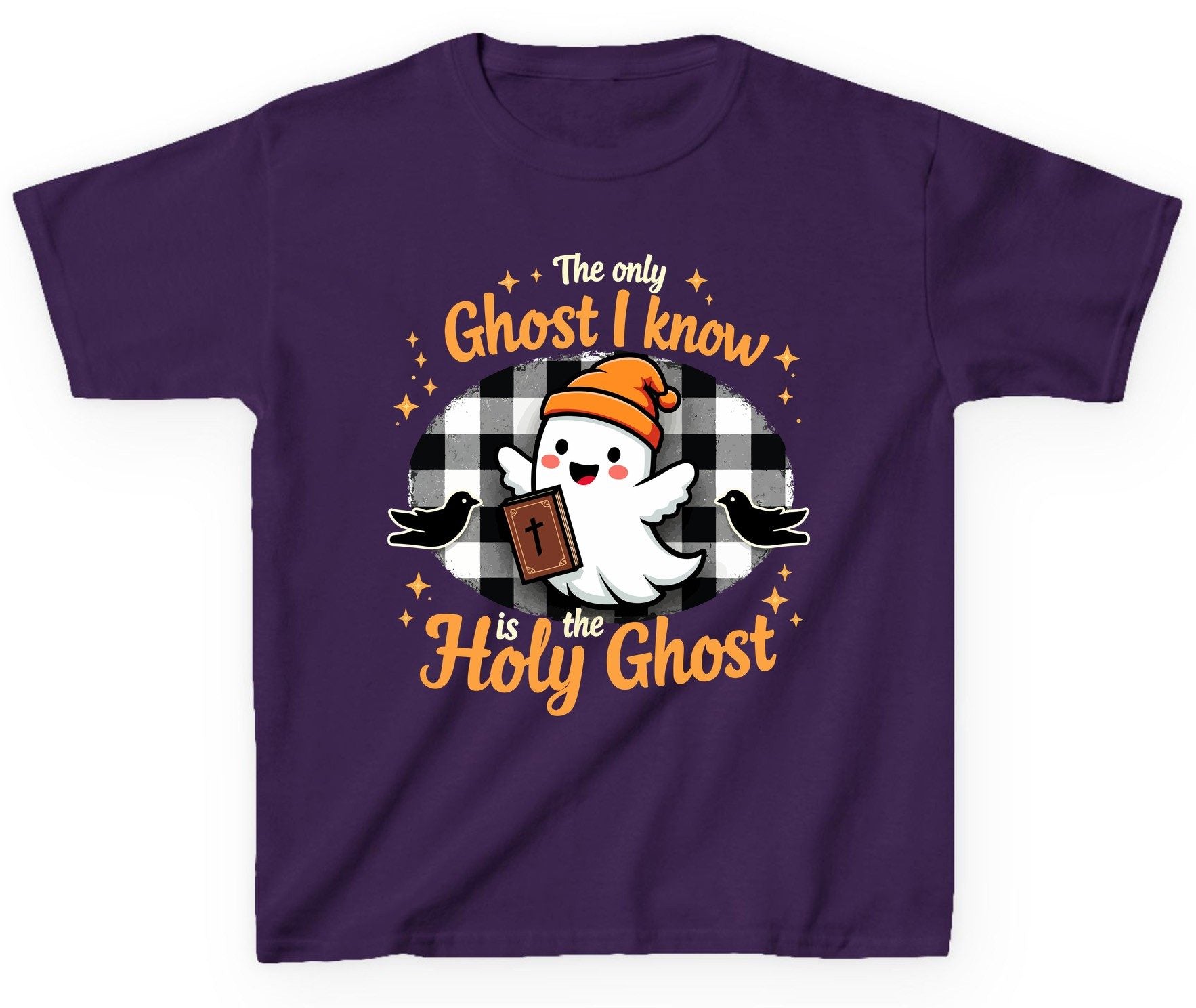 The Only Ghost I Know Is the Holy Ghost christian Halloween Youth T-Shirt Purple product mockup