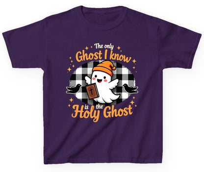 The Only Ghost I Know Is the Holy Ghost christian Halloween Youth T-Shirt Purple product mockup