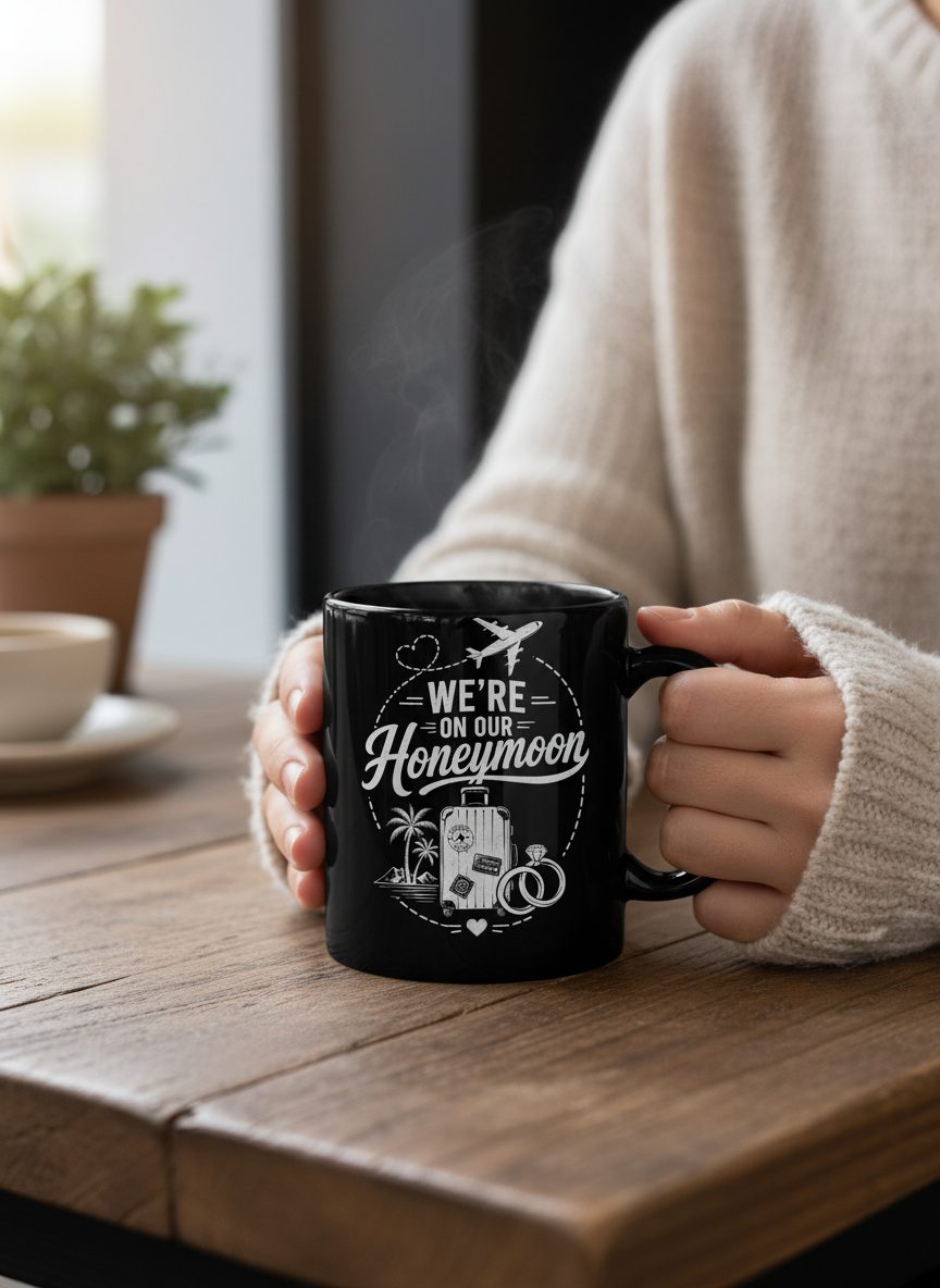 We're on Our Honeymoon Vintage Newlyweds Black Mug - lifestyle model mockup - Black