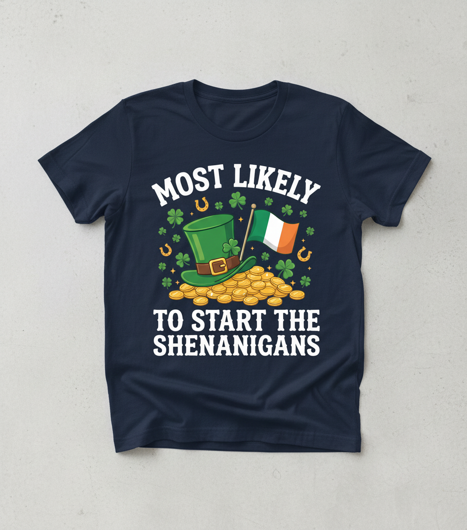 Funny St. Patrick's Day Shenanigans Leprechaun Hat Design T-Shirt - Navy