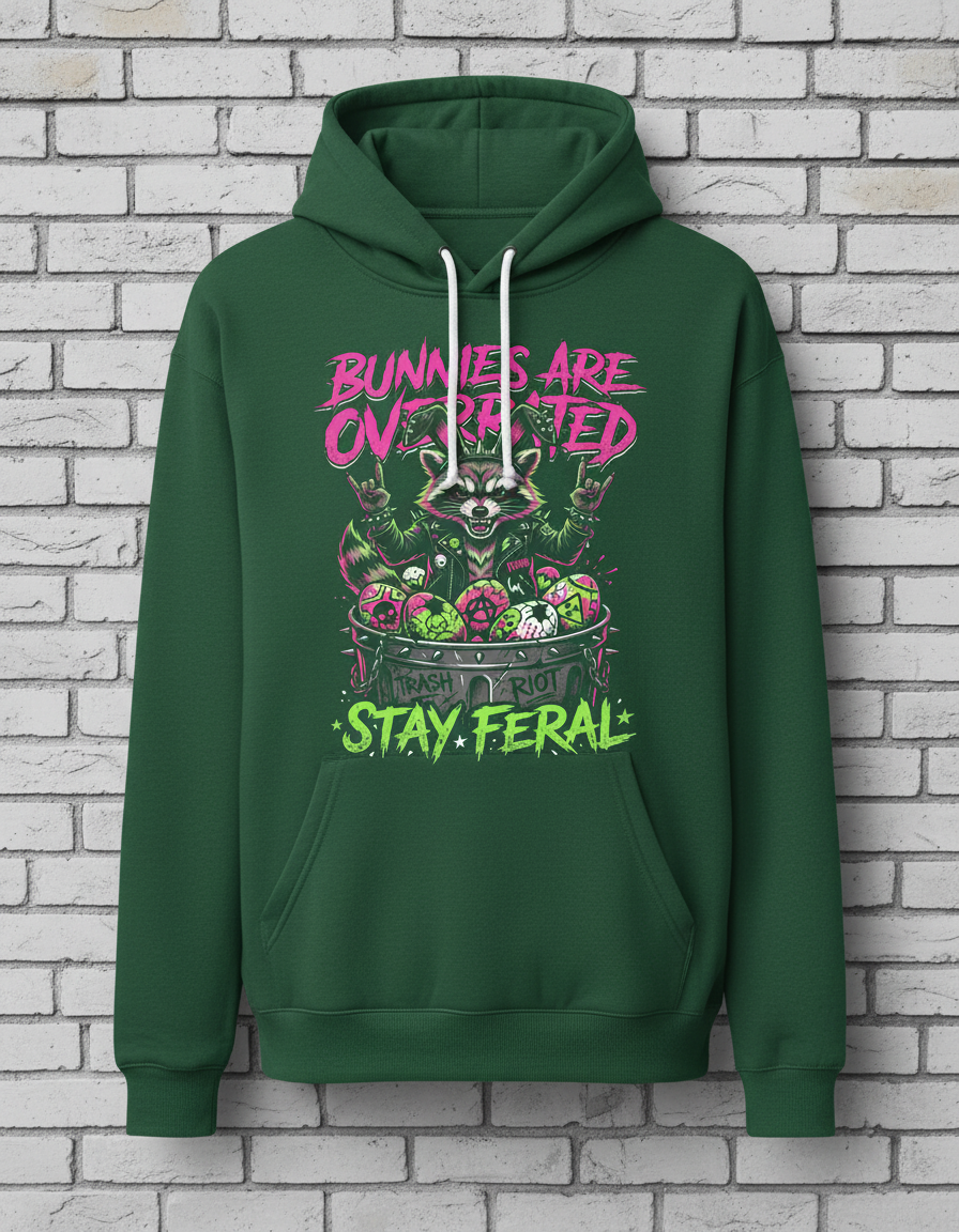 Punk Rock Raccoon Bunnies Are Overrated Hoodie - Forest Green