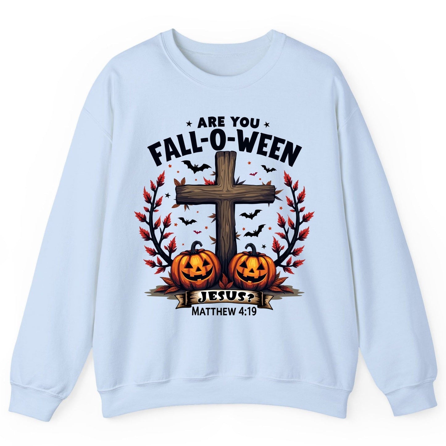 Are You Fall-O-Ween Jesus? christian Halloween Sweatshirt Light Blue product mockup