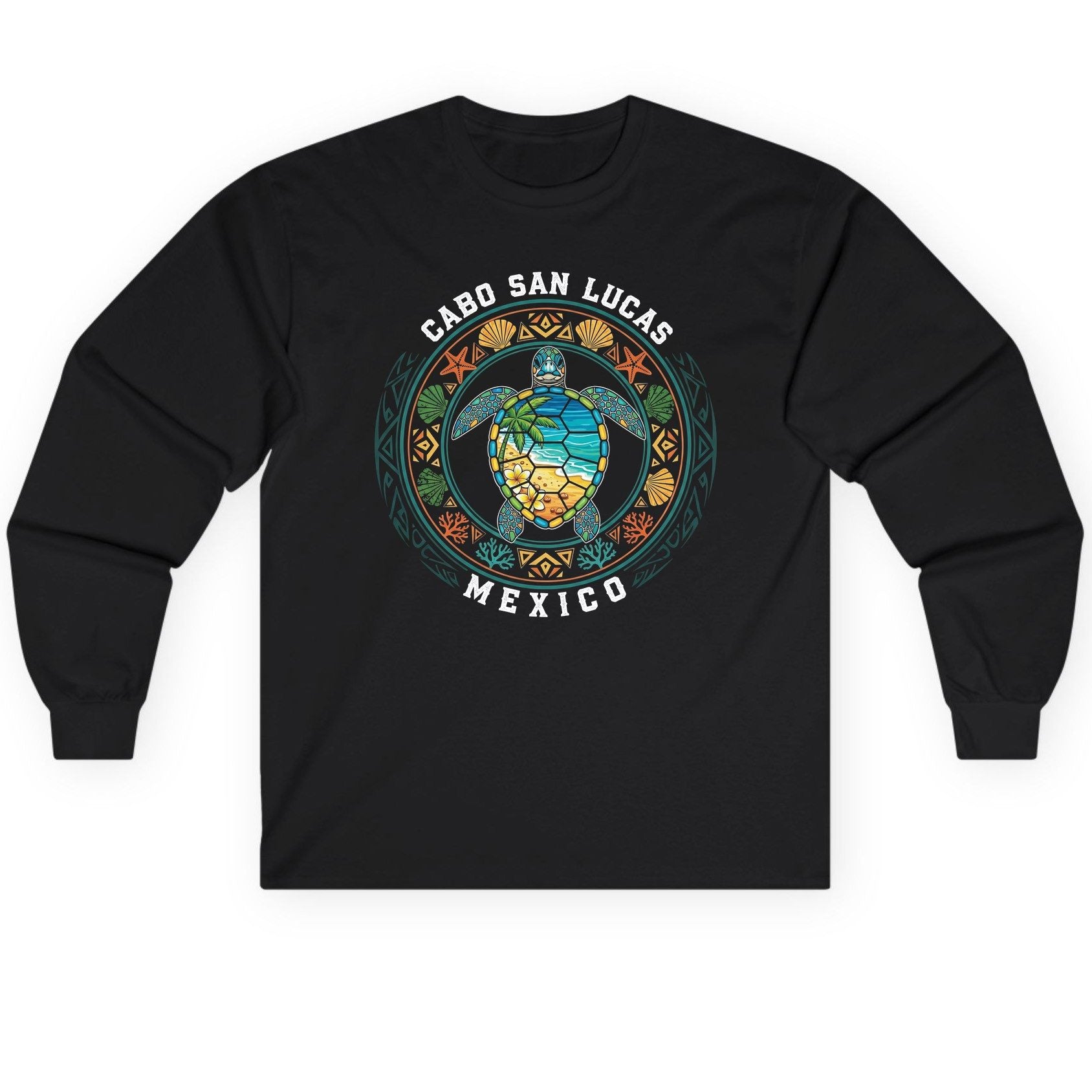 Cabo San Lucas Mexico sea turtle Long Sleeve Tee Black product mockup