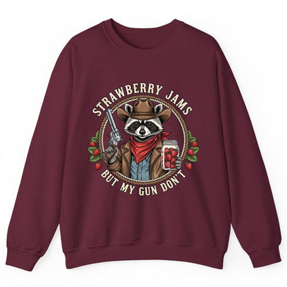 Strawberry Jams but My Gun Don't cowboy raccoon Sweatshirt Maroon product mockup