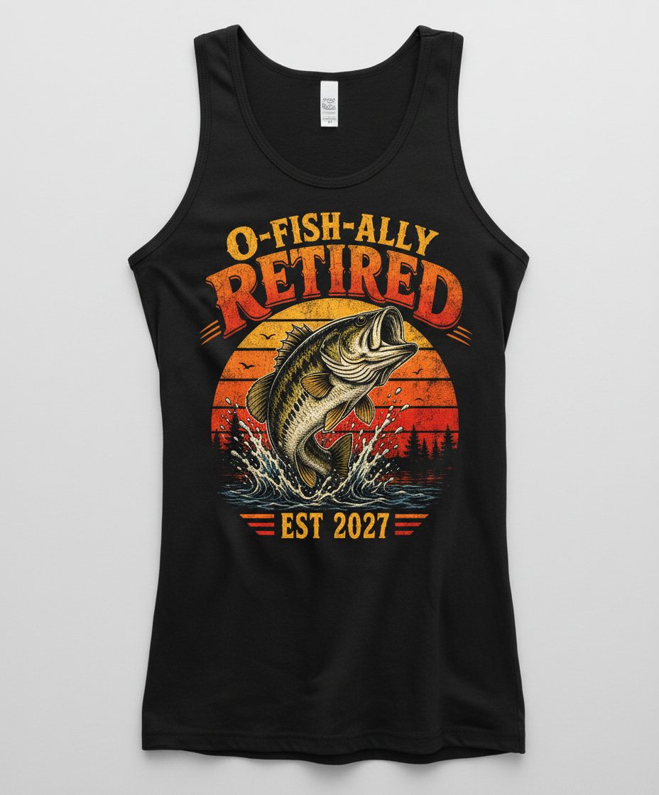O-Fish-Ally Retired EST 2027 Funny Fishing Tank Top - product mockup - Black