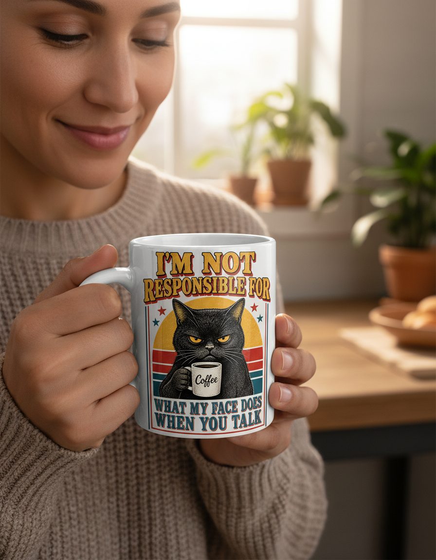 I'm Not Responsible for What My Face Does When You Talk Funny Sarcastic Cat White Mug - lifestyle model mockup - White