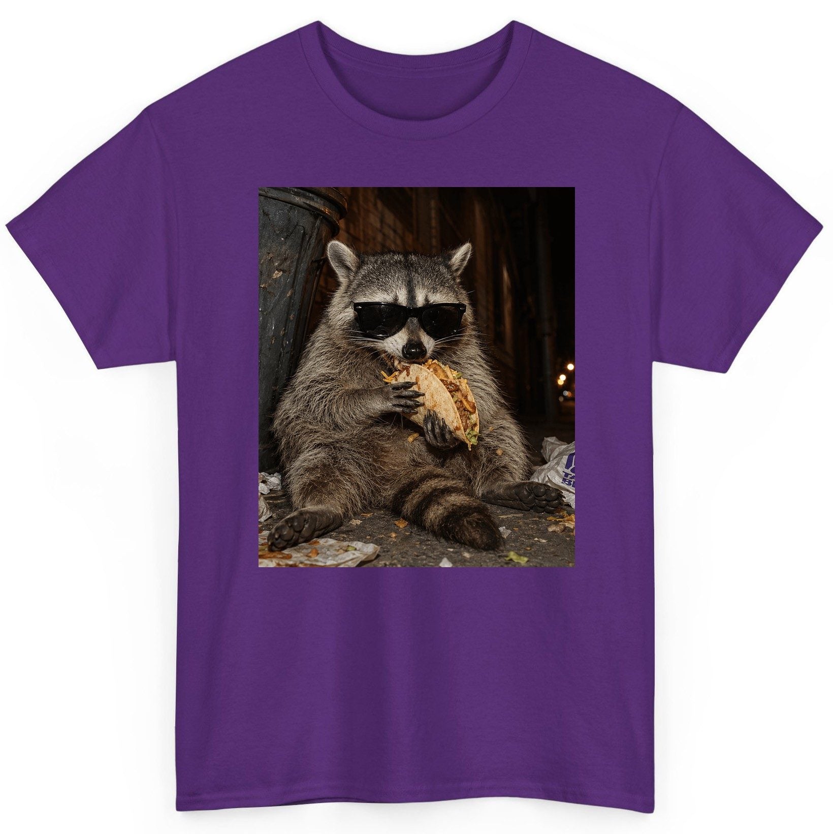 Raccoon Eating Taco Funny Animal Lovers T-Shirt - product mockup - Purple