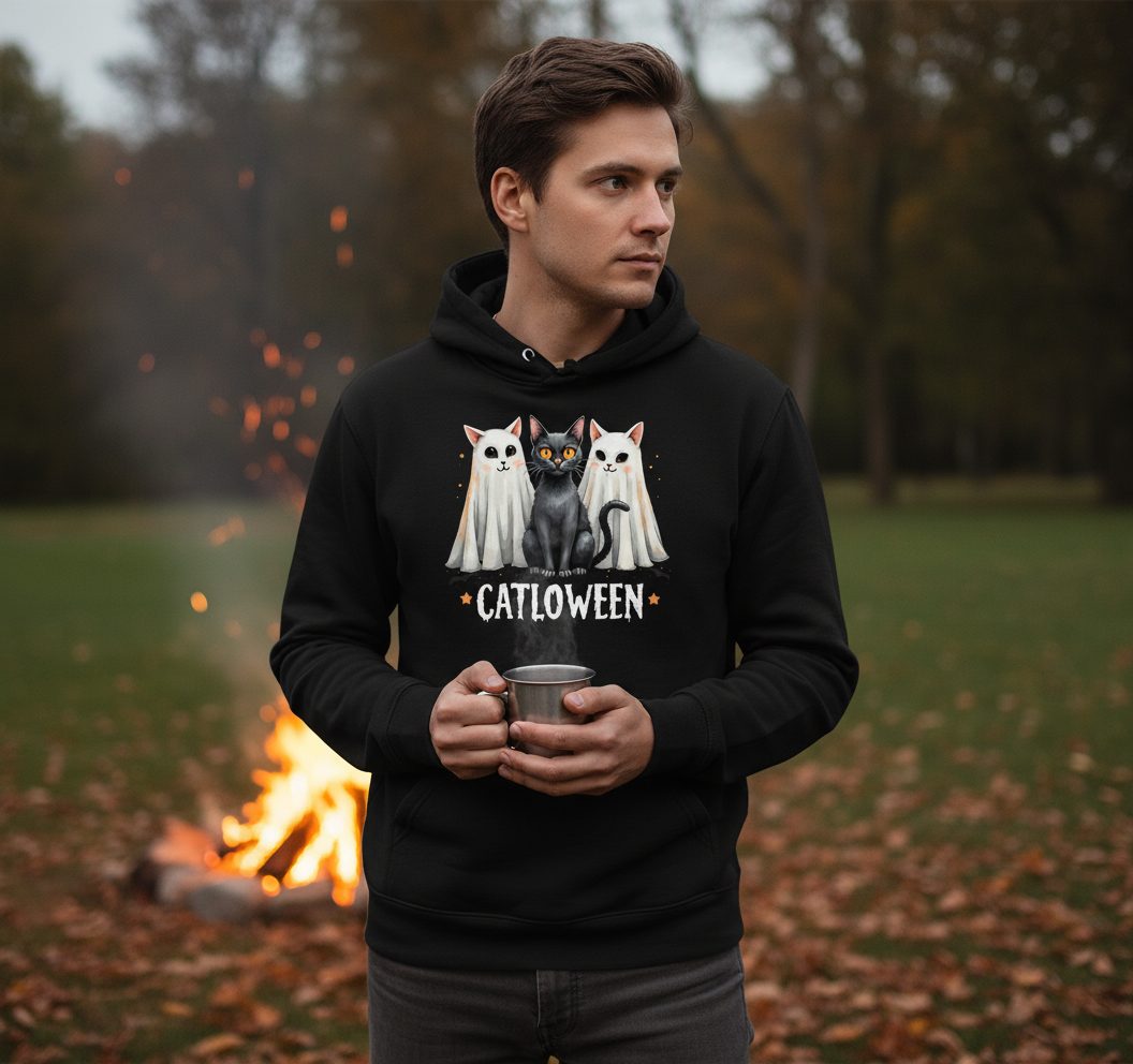 Catloween Halloween cats Hoodie Black lifestyle mockup