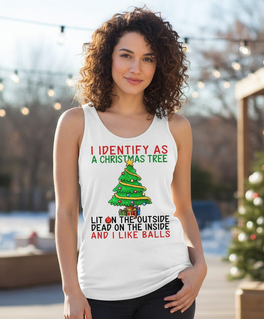 I Identify as a Christmas Tree and I Like Balls Christmas humor Tank Top White lifestyle mockup