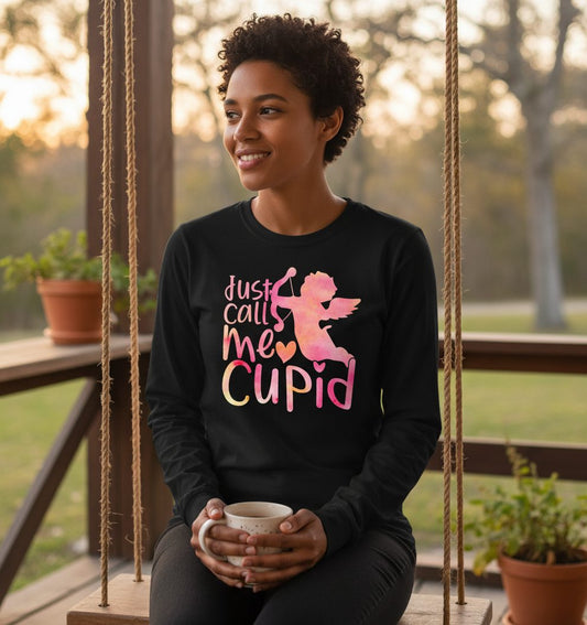 Just Call Me Cupid cupid Long Sleeve Tee Black lifestyle mockup
