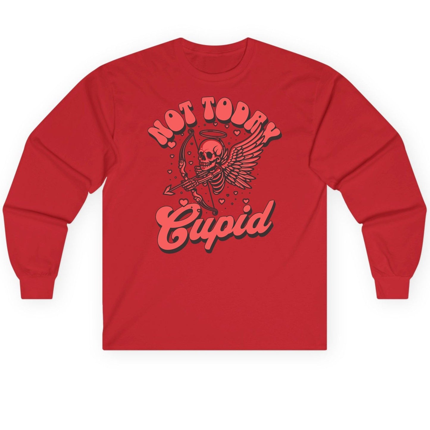 Not Today Cupid skeletal cupid Long Sleeve Tee Red product mockup