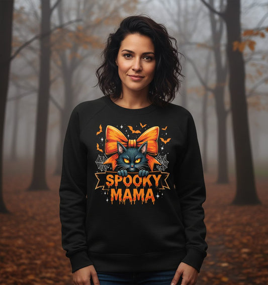 Spooky Mama black cat Sweatshirt Black lifestyle mockup