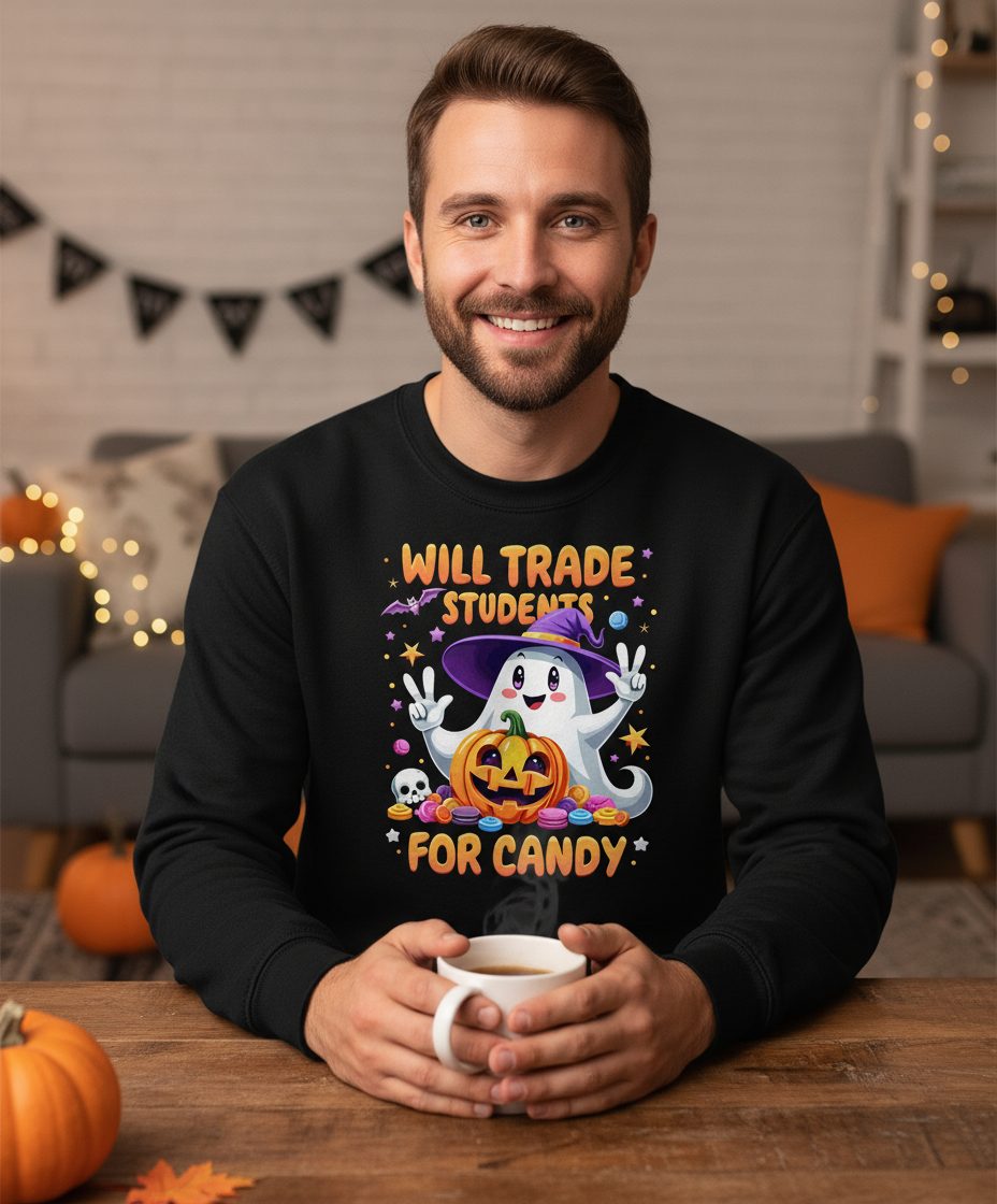 Will Trade Students for Candy teacher Halloween Sweatshirt Black lifestyle mockup