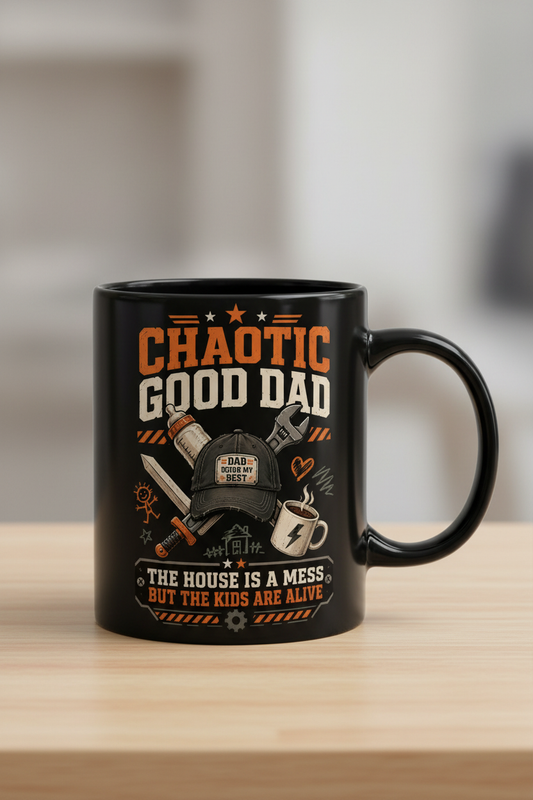Chaotic Good Dad. The House Is A Mess But The Kids Are Alive. Funny Chaotic Good Dad Black Mug - product mockup - Black