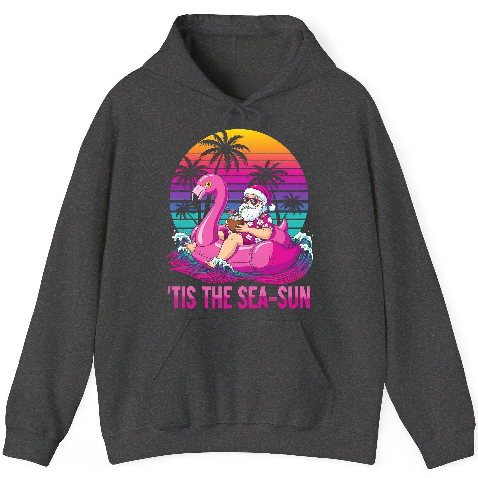 'Tis the Sea-Sun tropical santa claus Hoodie Dark Heather product mockup