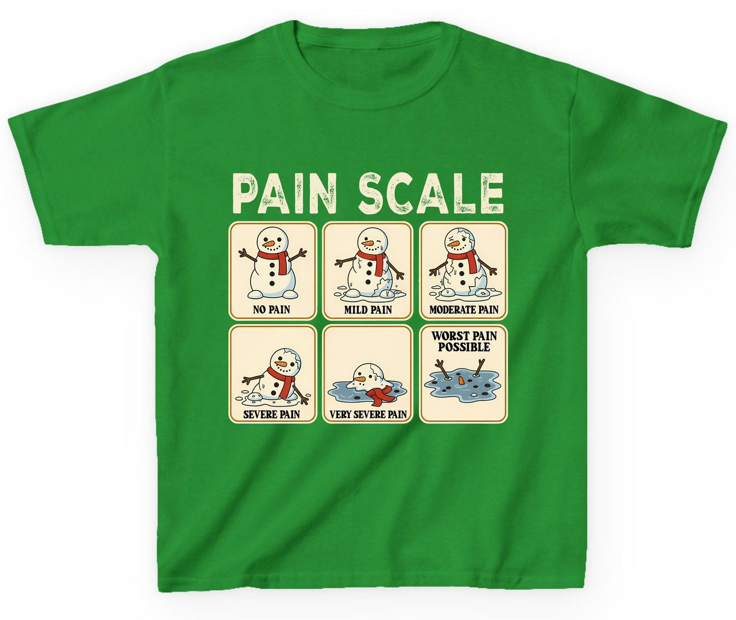 Pain Scale No Pain Mild Pain Moderate Pain Severe Pain Very Severe Pain Worst Pain Possible snowman Youth T-Shirt Irish Green