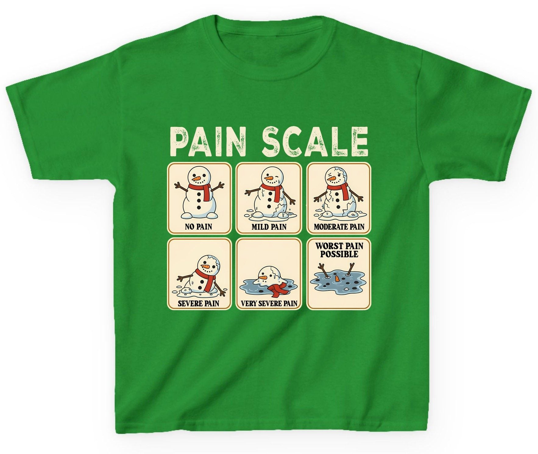 Pain Scale No Pain Mild Pain Moderate Pain Severe Pain Very Severe Pain Worst Pain Possible snowman Youth T-Shirt Irish Green
