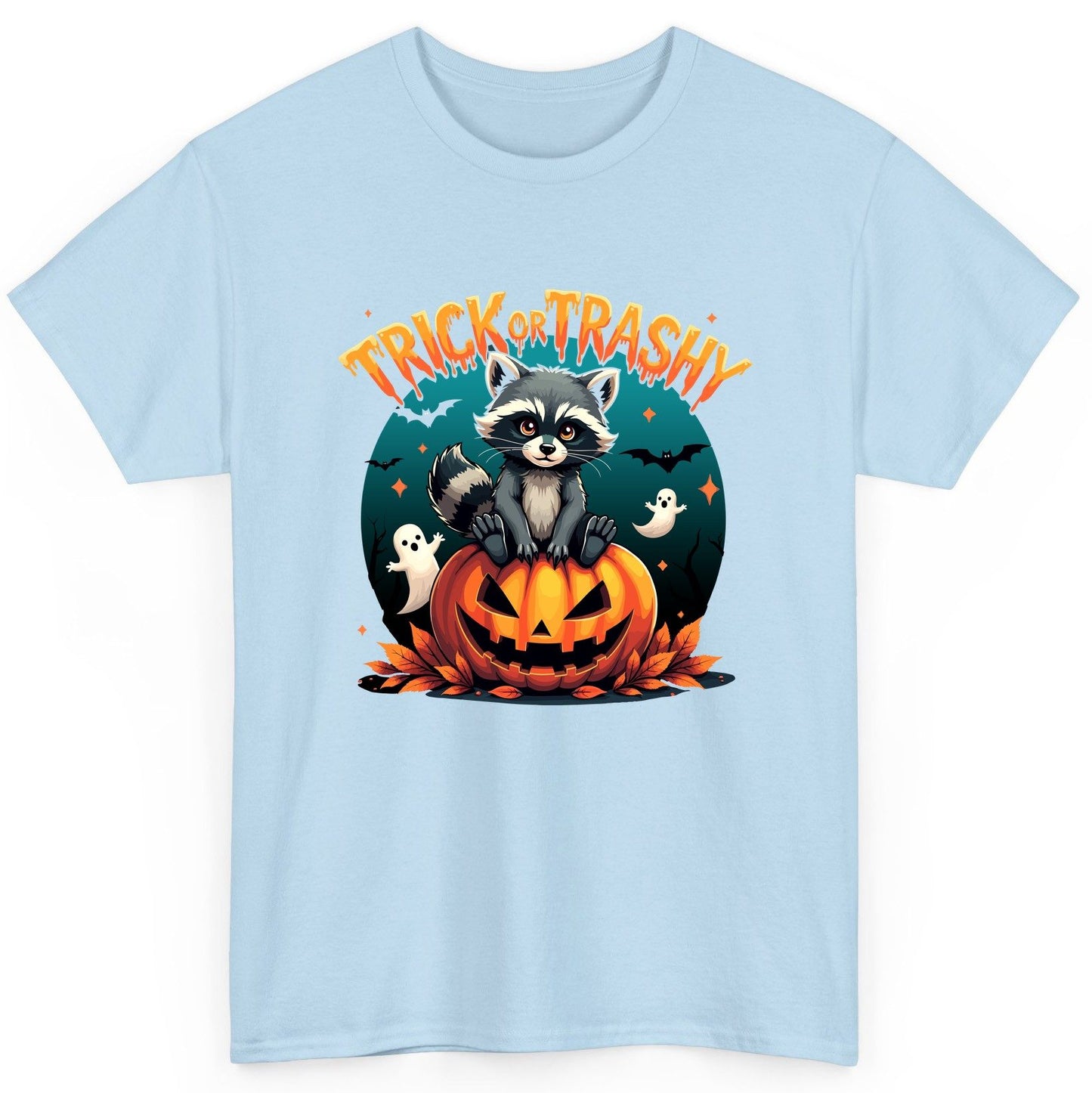 Trick or Trashy Halloween raccoon T-Shirt Light Blue product mockup