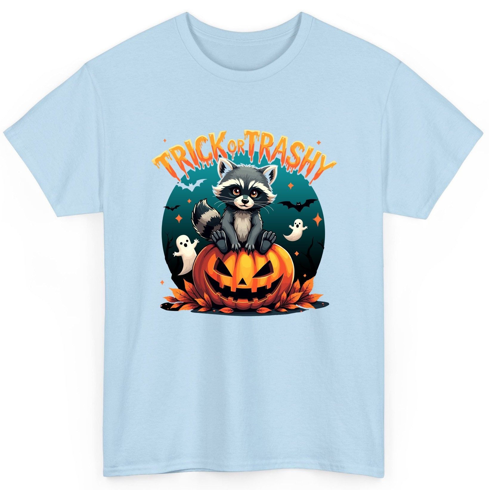 Trick or Trashy Halloween raccoon T-Shirt Light Blue product mockup
