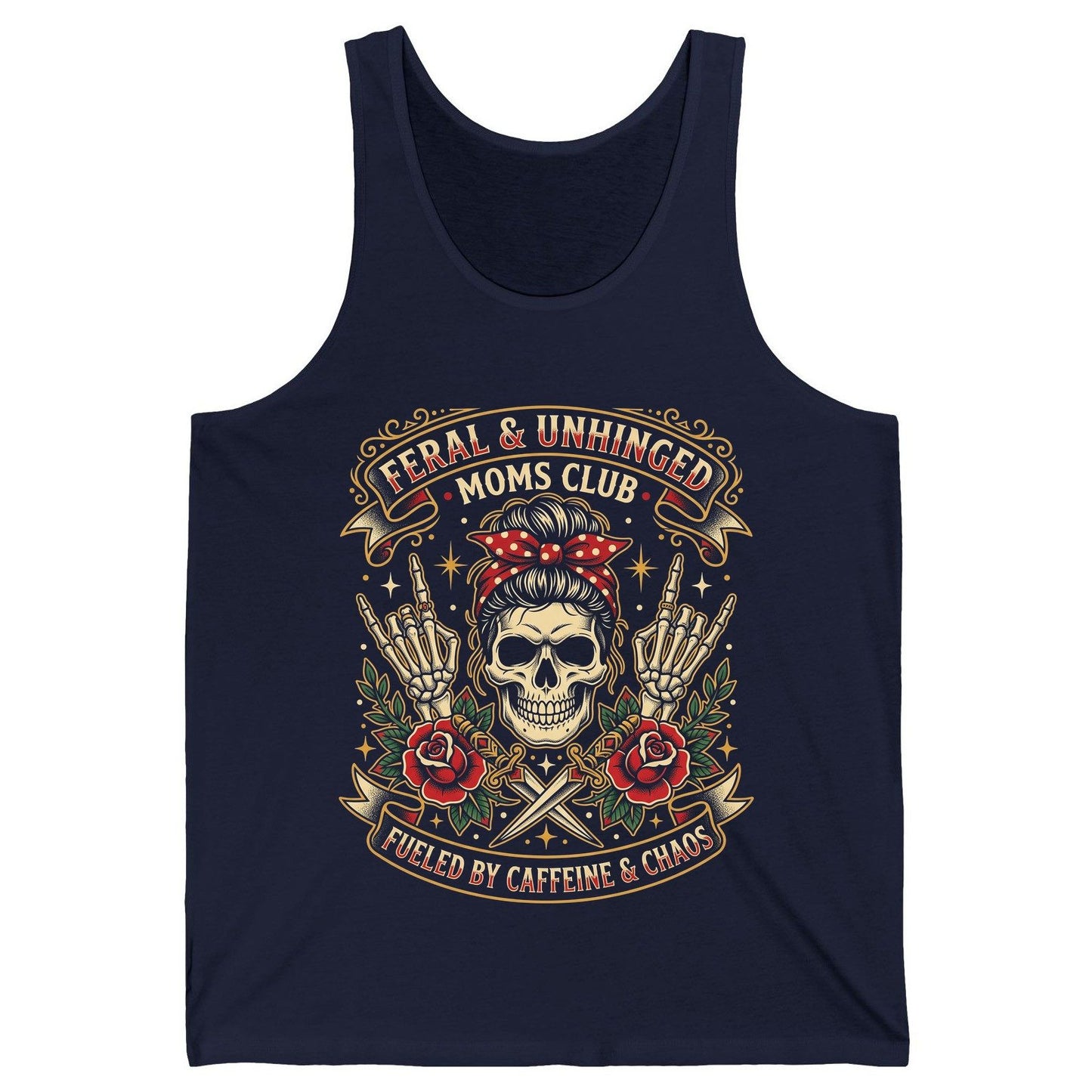 Feral & Unhinged Moms Club Fueled by Caffeine & Chaos Tank Top - product mockup - Navy