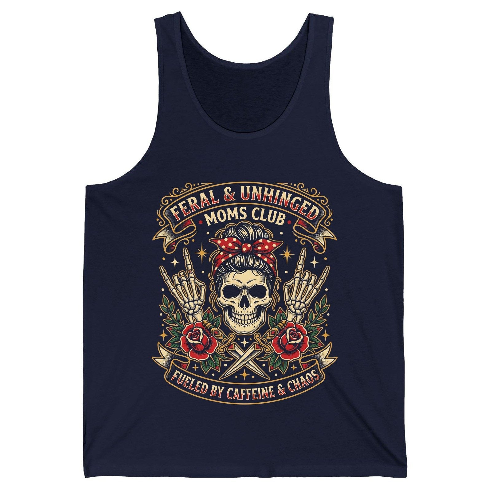 Feral & Unhinged Moms Club Fueled by Caffeine & Chaos Tank Top - product mockup - Navy