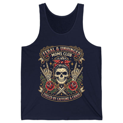 Feral & Unhinged Moms Club Fueled by Caffeine & Chaos Tank Top - product mockup - Navy