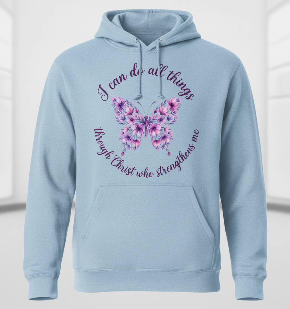 Floral Butterfly 'I can do all things through Christ' Bible Verse Hoodie - Light Blue