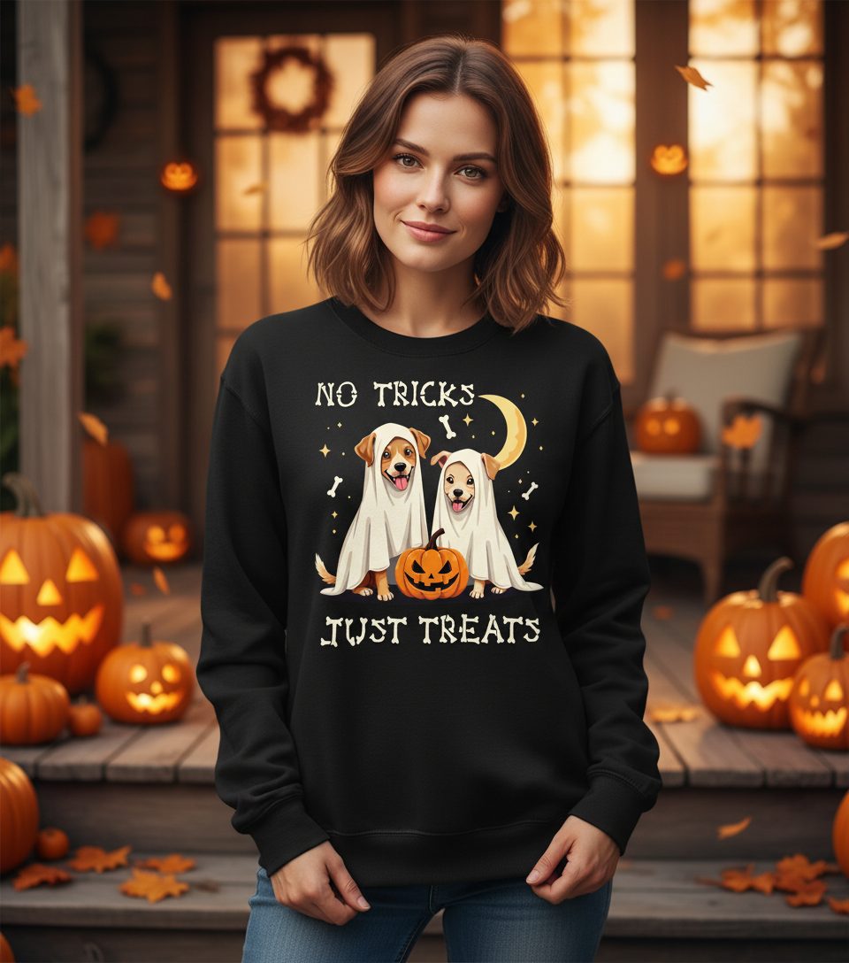 No Tricks Just Treats Halloween dogs Sweatshirt Black lifestyle mockup