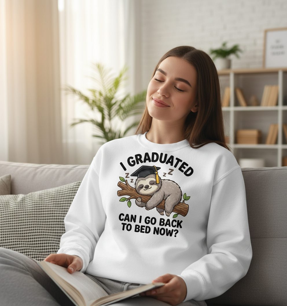 I Graduated Funny Sloth Sweatshirt - lifestyle model mockup - White