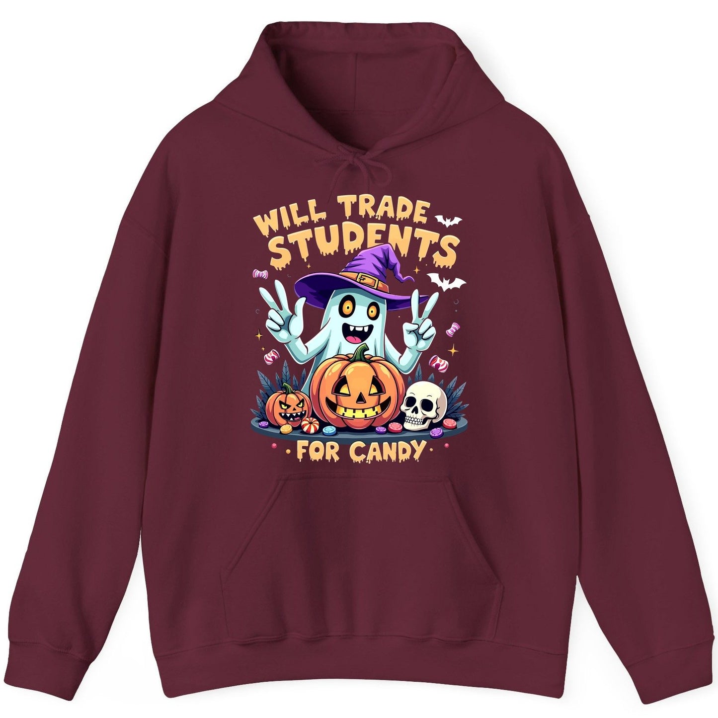 Will Trade Students for Candy teacher humor Hoodie Maroon product mockup