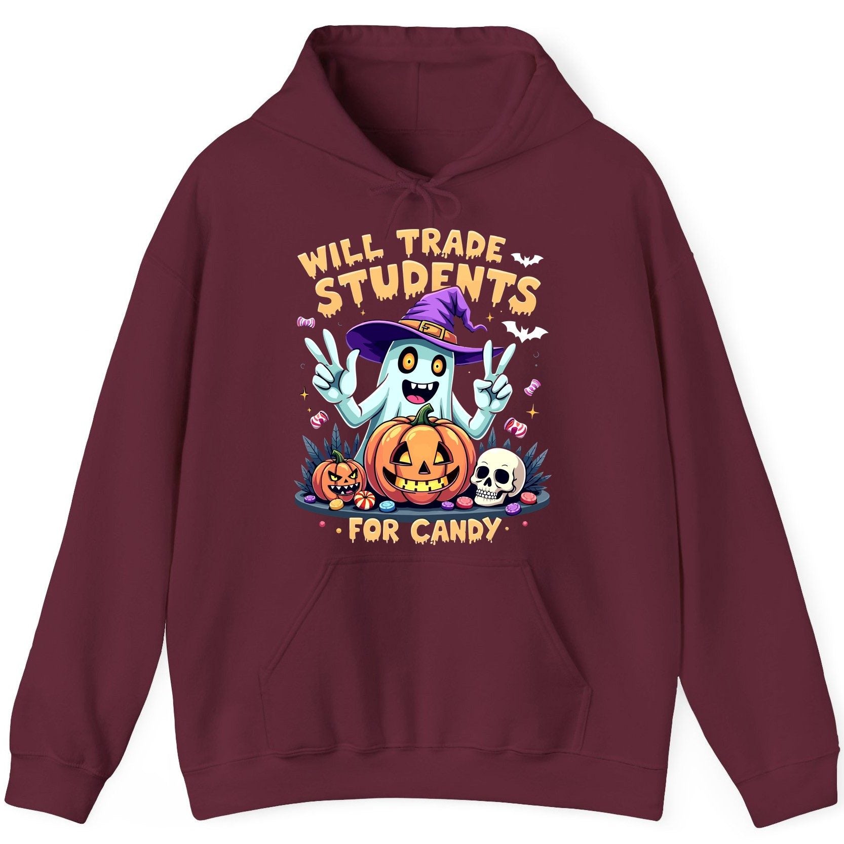 Will Trade Students for Candy teacher humor Hoodie Maroon product mockup