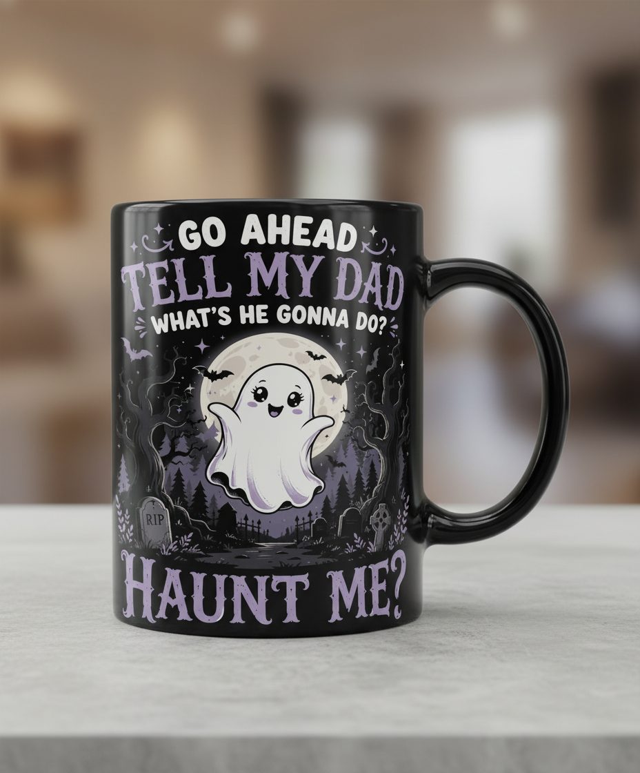 Go Ahead Tell My Dad What's He Gonna Do Haunt Me Funny Ghost Black Mug - product mockup - Black