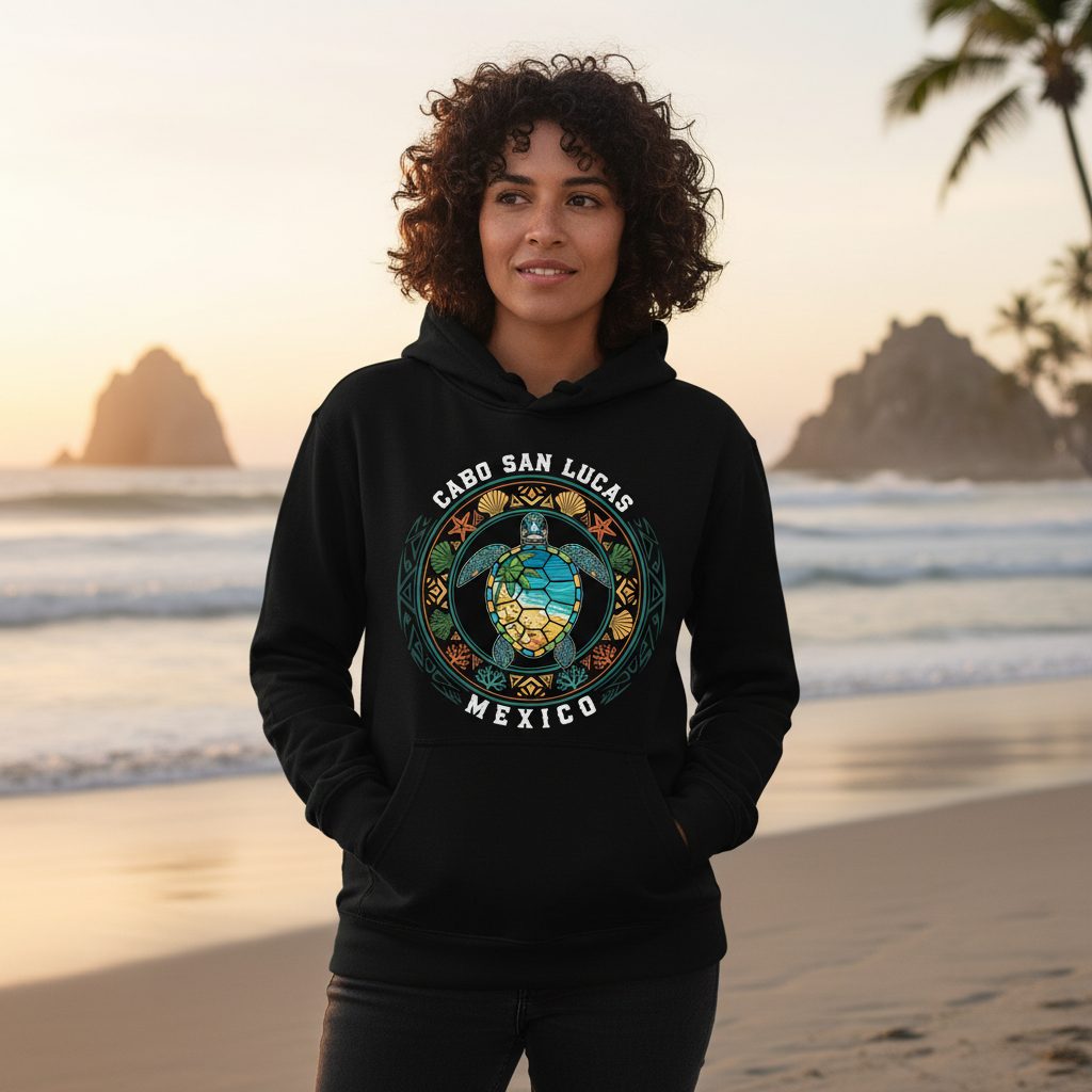 Cabo San Lucas Mexico sea turtle Hoodie Black lifestyle mockup