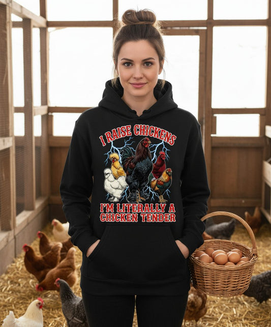 I Raise Chickens I'm Literally a Chicken Tender chickens Hoodie Black lifestyle mockup