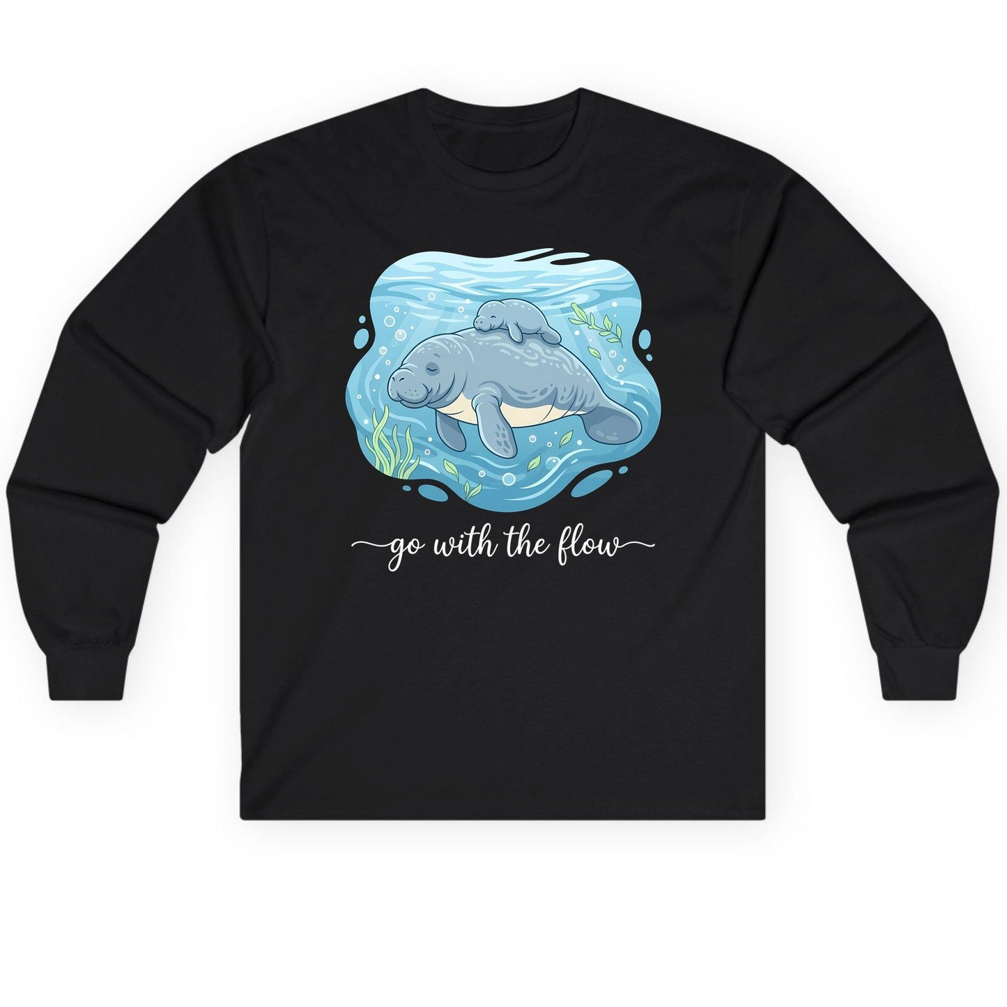 Go with the Flow Manatee Long Sleeve Tee - product mockup - Black