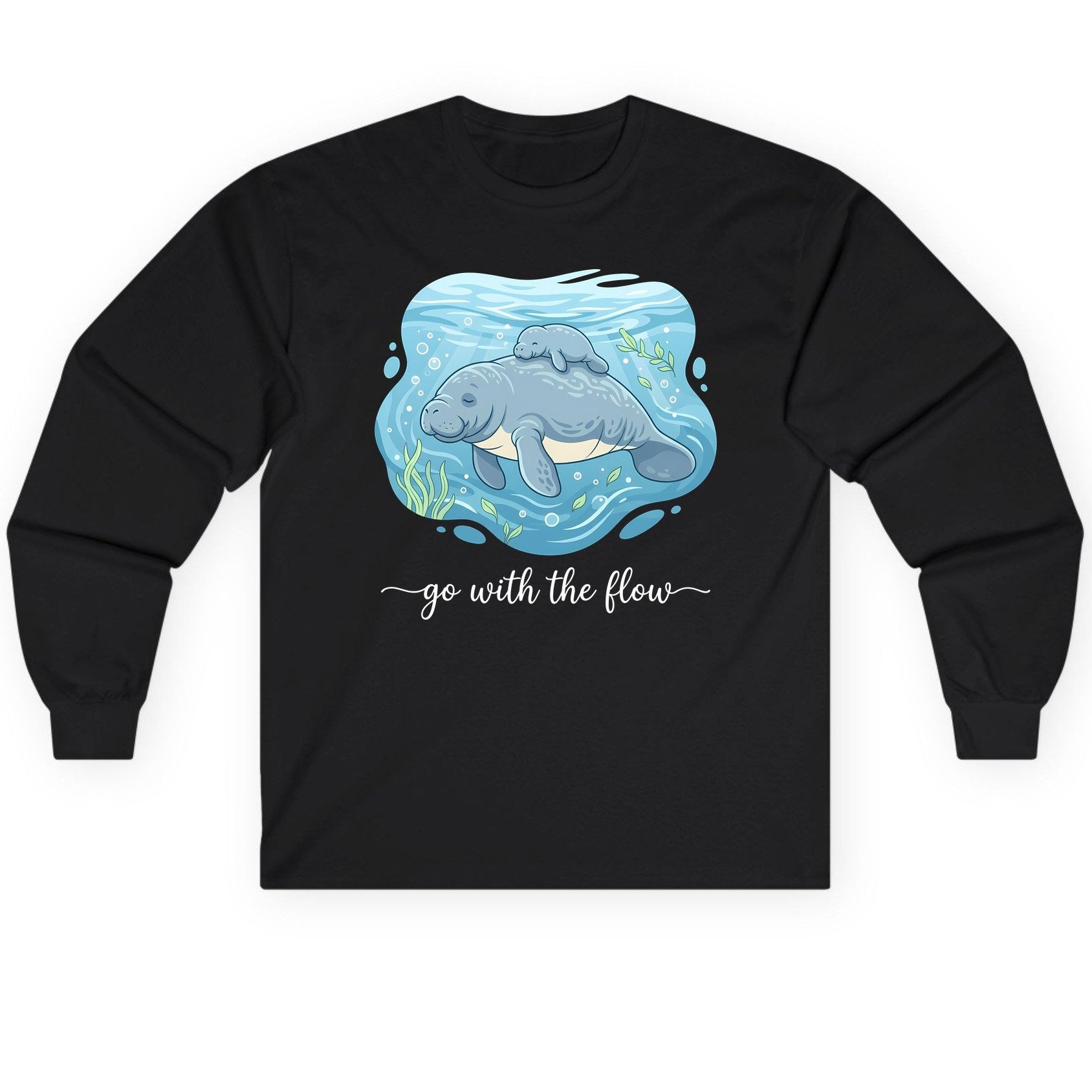 Go with the Flow Manatee Long Sleeve Tee - product mockup - Black
