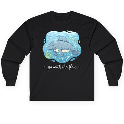 Go with the Flow Manatee Long Sleeve Tee - product mockup - Black