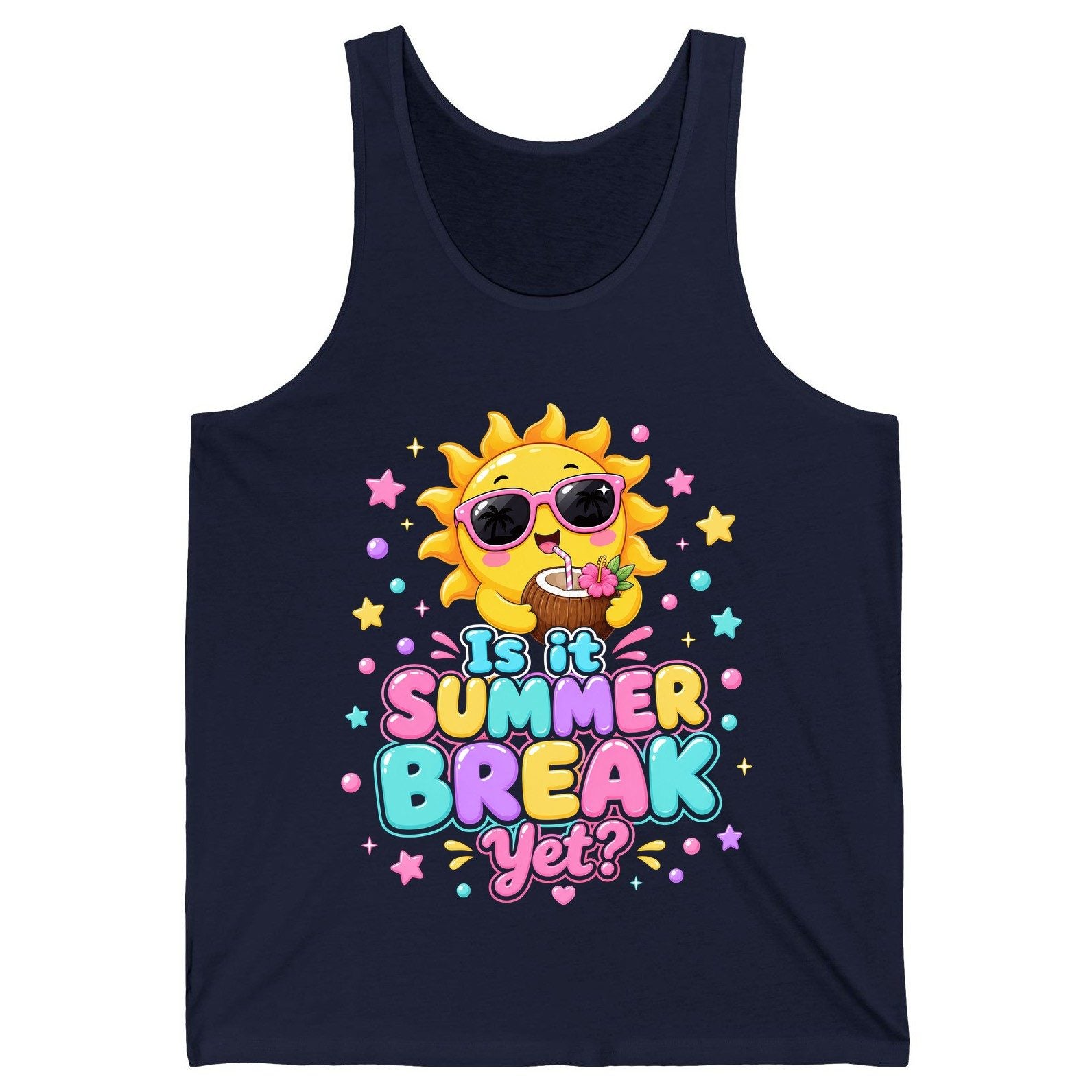 Is It SUMMER BREAK Yet Funny Vacation Tank Top - product mockup - Navy