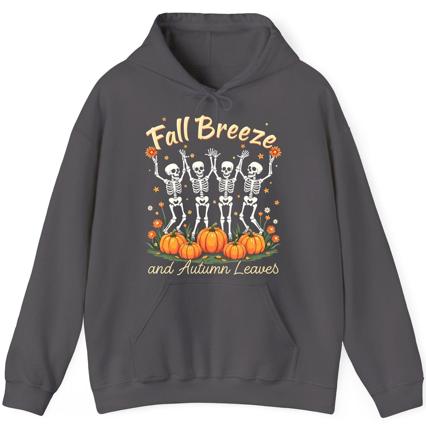 Fall Breeze and Autumn Leaves dancing skeletons Hoodie Charcoal product mockup